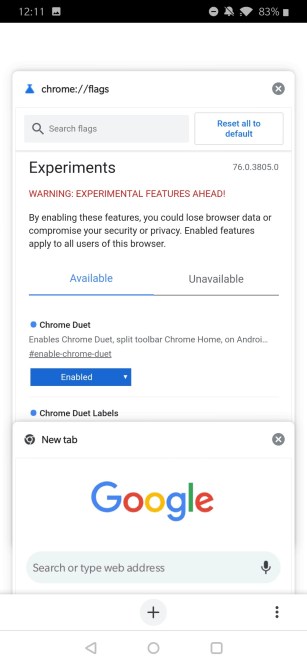 متصفّح كروم يختبر الشريط السفلي Duet مع التصنيفات في أندرويد