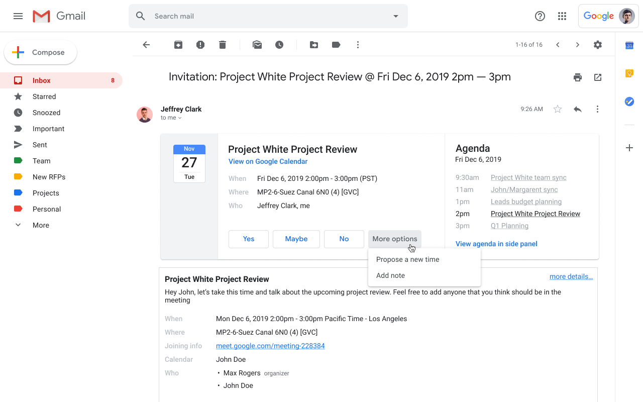 قريبًا سيدعم جيميل اقتراح أوقات جديدة للاجتماعات مع إضافة ملاحظات لدعوات التقويم